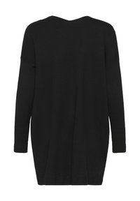 Fekete, nagyméretű pulóver V-nyakkal, ejtett vállakkal, hosszú ujjakra és bordás mandzsettákra tervezve. Az anyaga lágy és sima, minta nélkül.