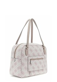 Sac tote en tissu gris clair avec motif monogrammé en relief, double anse supérieure, compartiment principal zippé et poche avant avec zip.