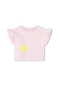 Lichtroze katoenen T-shirt met korte gerimpelde mouwen, met een ontwerp van een regenboog en een lachende zon, met kleurrijke hartdetails eronder.