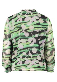 Giacca a maniche lunghe con polsini elasticizzati, caratterizzata da un motivo astratto verde e nero sovrapposto a leggeri disegni botanici di foglie beige.