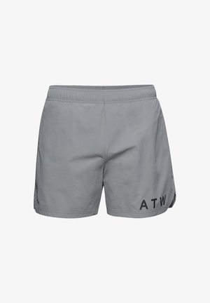 Graue Sportshorts mit einem elastischen Bund, seitlichen Schlitzen und dem schwarzen Aufdruck "ATW" am unteren linken Bein. Leichtes Material.