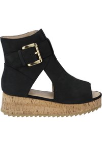 Black suede wedge sandal with a cork platform and cut-out sides. Features a gold buckle detail on the ankle strap. Open toe design.