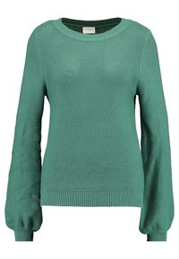 Grön stickad tröja med långa ärmar, rund halsringning och strukturerat mönster. Ribbstickade muddar och nederkant ger en tät passform.