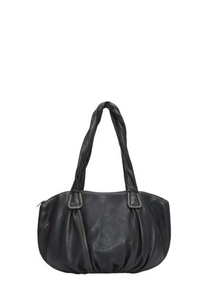 Borsa a mano in pelle nera con doppi manici intrecciati e chiusura con cerniera, che mostra una forma leggermente curva e morbida.
