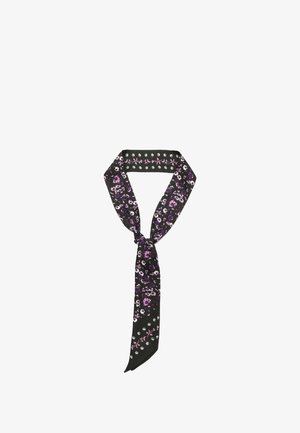 Sciarpa di seta nera con un motivo floreale lavanda. Presenta una fascia nera solida con punti bianchi e ricami floreali rosa nella parte superiore.