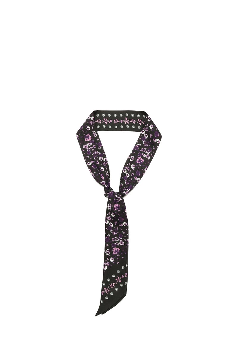 Sort silkebånd med et lavendelfarvet blomsterdesign. Har et solidt sort bånd med hvide dots og pink blomsterbroderi øverst.