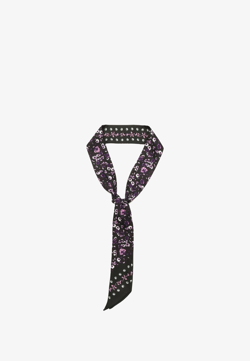 Sort silkebånd med et lavendelfarvet blomsterdesign. Har et solidt sort bånd med hvide dots og pink blomsterbroderi øverst.