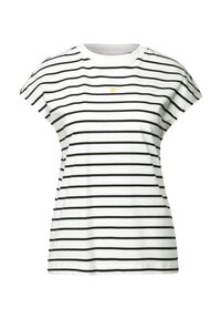 Krótki rękaw biały t-shirt z czarnymi poziomymi paskami i małym haftem żółtego słońca na piersi. Miękka bawełniana tkanina.