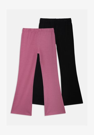 Deux paires de pantalons évasés, une rose et une noire, fabriquées en matière douce et extensible avec une taille élastique.
