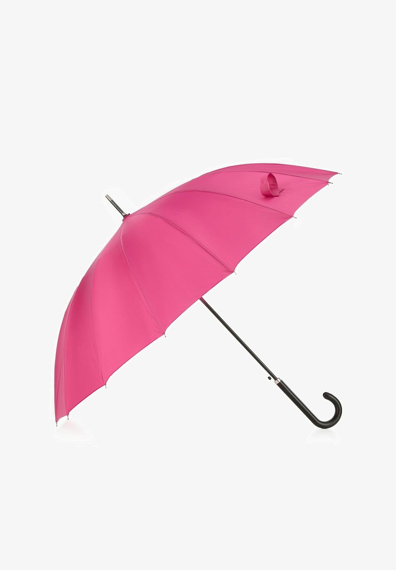 Pink umbrella with eight panels, a curved black handle, and a metallic shaft, featuring a small loop for hanging.