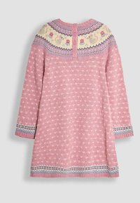 Abito lavorato a maglia rosa con maniche lunghe, caratterizzato da un girocollo decorato e dettagli multicolore. Chiusura sul retro con tre bottoni. Texture morbida.