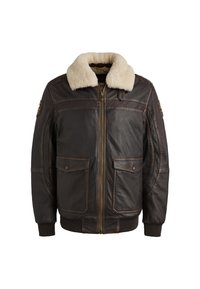 Brun læder bomberjakke med en kremfarvet pelskrave, frontlynlås, to brystlommer og ribstrikkede manchetter og kant.