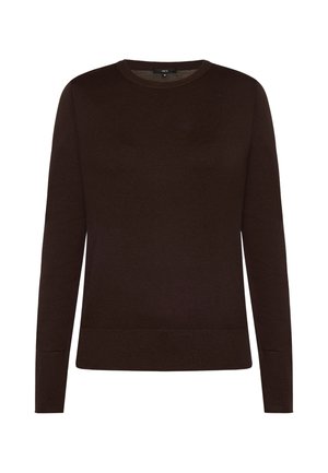 Pull col rond à manches longues marron foncé avec poignets et ourlet côtelés, présenté sur un fond blanc uni.