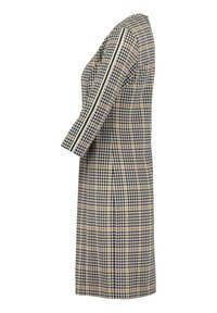 Lång rutig klänning med ett mönster i svart, vitt och gult, med en skräddarsydd passform och randiga detaljer längs ärmarna.