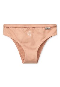 Βαμβακερό μπεζ-ροζ μπικίνι εσώρουχο με δαντέλα στη μέση, διακοσμημένο με διακριτική κεντημένη καρδιά βύσσινο και ετικέτα της μάρκας στο πλάι.