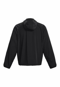 Giacca leggera nera con cappuccio, maniche lunghe e polsini elasticizzati. Tessuto liscio, design minimalista, con materiale traspirante.