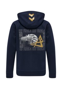 Marineblauwe hoodie met een centraal grafisch ontwerp van een handshake en de tekst "EHF FINAL4". Twee gouden chevronaccenten op de capuchon. Zachte stoftextuur.