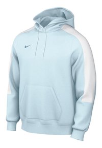 Lichtblauwe hoodie met witte schouderpanelen, capuchon met trekkoord, voorste kangoeroe zak en Nike-logo op de borst. Voorzien van een gladde textuur.