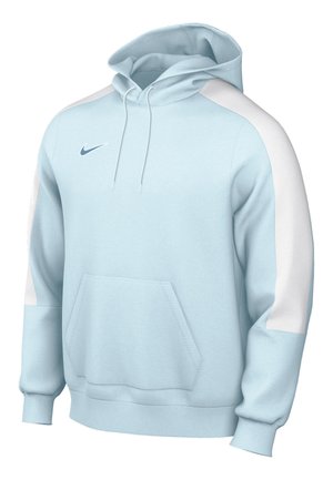 Helle blaue Kapuzenpullover mit weißen Schulterpaneelen, Kordelzug-Haube, vorderer Kängurutasche und Nike-Logo auf der Brust. Glatte Textur.