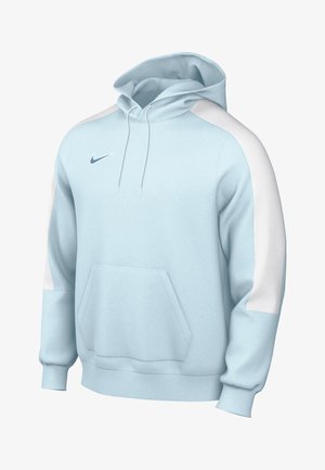 Sudadera azul clara con paneles blancos en los hombros, capucha con cordones, bolsillo tipo canguro en la parte delantera y logo de Nike en el pecho. Textura suave.