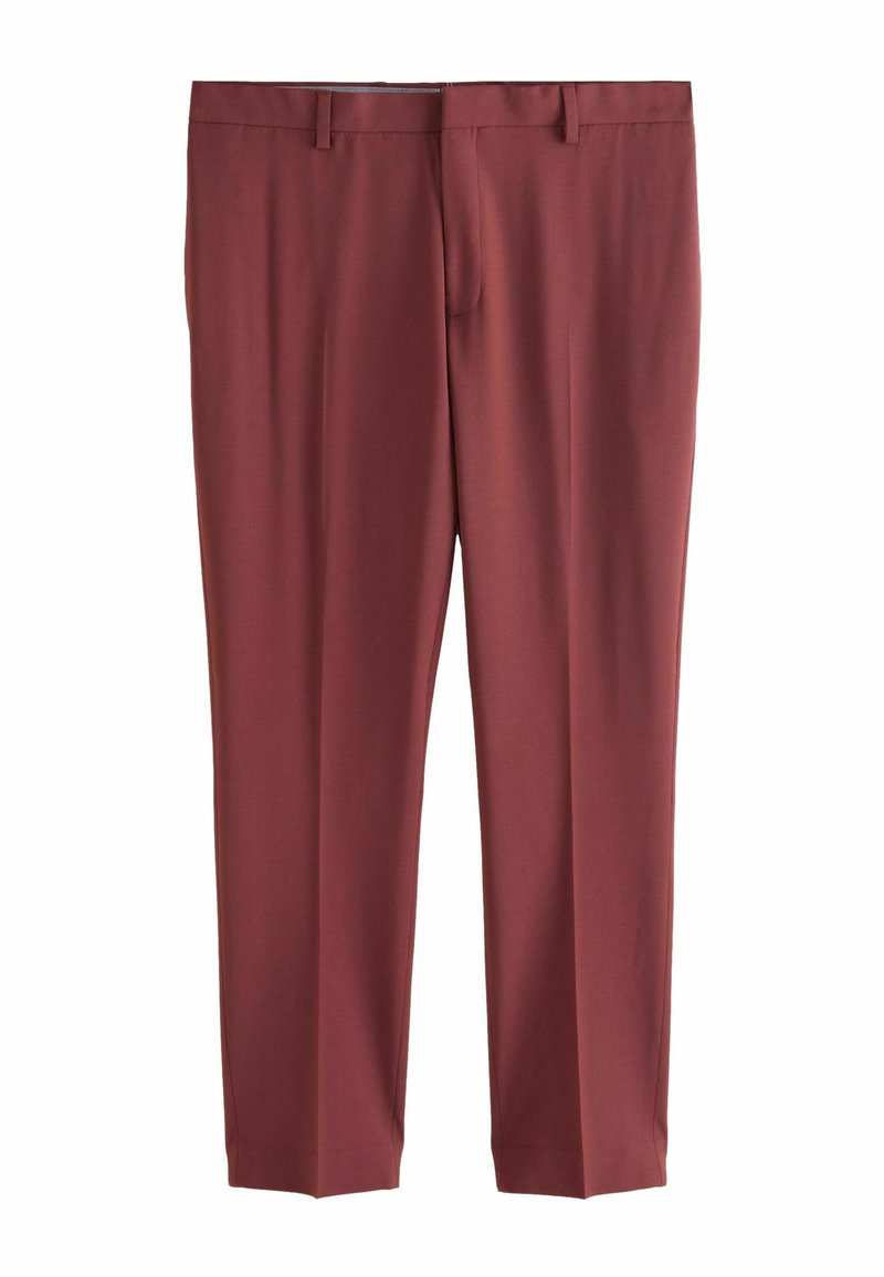 Bordeauxfarbene maßgeschneiderte Hose mit glatter Textur, geradem Bein und Gürtelschlaufen. Besitzt eine einzelne Vordertasche und einen sauberen Abschluss.