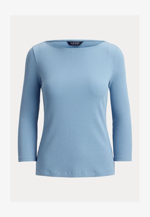 Haut en maille côtelée bleu clair avec manches trois-quarts et large encolure ronde, étiqueté Lauren Ralph Lauren.
