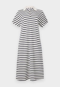 Stripet kjole med korte ermer, kragehals og kne-lengde. Materialet er mykt; fargene er hvit med marineblå striper.