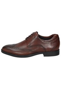 Braune Lederanzugschuhe mit Wingtips-Design, glatter Textur, runder Zehenform und schwarzer Gummisohle. Verfügt über dekorative Perforationen.