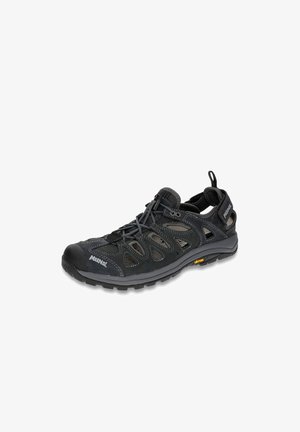 Black hiking shoe with mesh and suede upper, rubber toe cap, and a textured sole. Features elastic laces and pull tab for easy wearing.