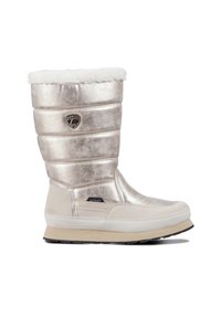 Metallisk silverfärgad vattentålig stövel med en faux fur krage, kviltad ovandel, texturerad tyg och platt sula. Har logotyp och kontrasterande detaljer.