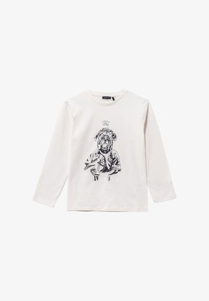 Long-sleeve cream cotton t-shirt featuring a black graphic print of a dog in a jersey, with detail about the dog printed above.