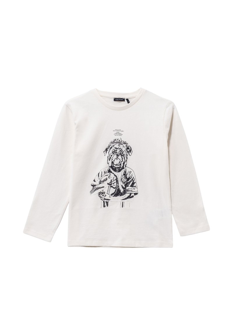T-shirt a maniche lunghe in cotone crema con una stampa grafica nera di un cane in divisa, con dettagli sul cane stampati sopra.
