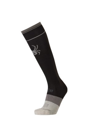 Chaussette noire montée jusqu'au genou avec pointe et revers gris, présentant un logo d'araignée gris sur le côté et une texture côtelée à la cheville.