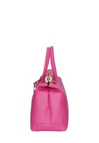 Borsa in pelle rosa con due manici superiori, hardware dorato, forma strutturata e superficie testurizzata con cuciture visibili.
