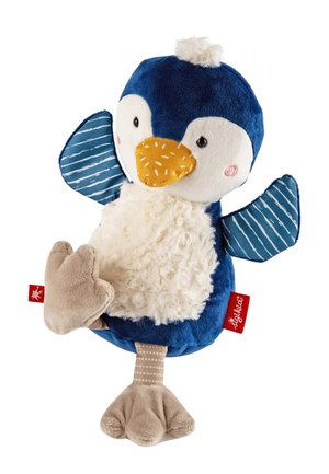 Plush penguin toy with a blue and white body, orange beak, striped wings, and soft textured legs. Features a tag on its side.