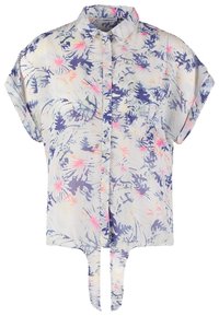 Chemise à manches courtes boutonnée avec imprimé floral pastel, col, poignets roulés, poche poitrine avant et ourlet noué devant.