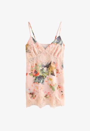 Vestito in raso rosa con stampa floreale, rifiniture in pizzo, scollo a V e sottili spalline regolabili tipo spaghetti.