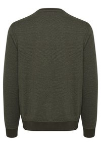 Donkergroen sweatshirt met lange mouwen, een ronde halslijn en ribgebreide manchetten en onderkant. De stof heeft een gestructureerde, zachte afwerking.