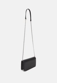 Black leather handbag with a rectangular shape, featuring a smooth texture, a chain strap, and a single leather top handle.