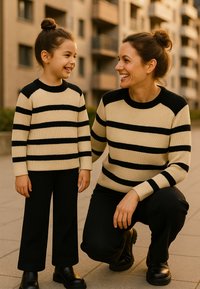 Zwei Personen tragen passende gerippte Pullover mit schwarzen und cremefarbenen Streifen. Die Frau kniet neben dem Mädchen, beide ebenfalls in schwarzen Hosen und Stiefeln.