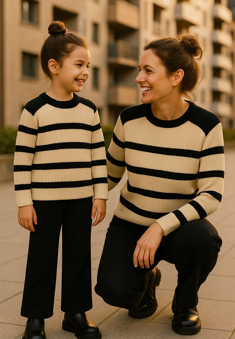 Zwei Personen tragen passende gerippte Pullover mit schwarzen und cremefarbenen Streifen. Die Frau kniet neben dem Mädchen, beide ebenfalls in schwarzen Hosen und Stiefeln.