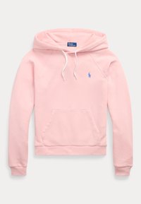 Růžová mikina vyrobená z měkké bavlněné směsi, s klokankou, kapucí se stahovací šňůrkou a modrým logem na levé hrudi. Má také žebrované manžety.