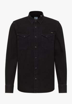 Schwarzes Jeanshemd mit klassischem Kragen, zwei Brusttaschen, durchgehendem Knopfleistentverschluss und langen Ärmeln mit geknöpften Manschetten. Glatte Textur.