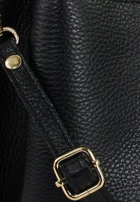 Zwarte leren tasriem met een goudkleurige gesp en hardware, die duurzaam materiaal en functionele designelementen benadrukt.