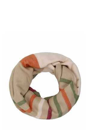 Looped scarf in soft, beige fabric featuring colorful stripes in orange, green, and pink. Smooth texture and lightweight design.