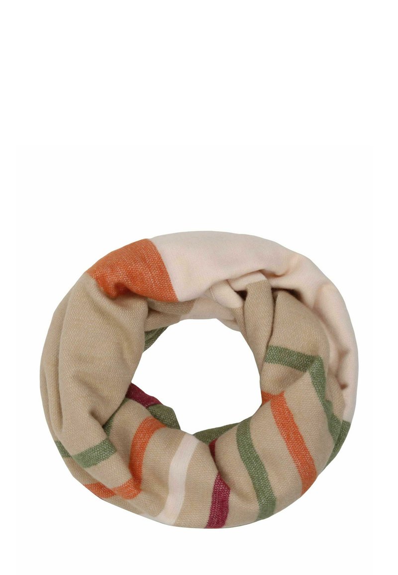 Looped scarf in soft, beige fabric featuring colorful stripes in orange, green, and pink. Smooth texture and lightweight design.