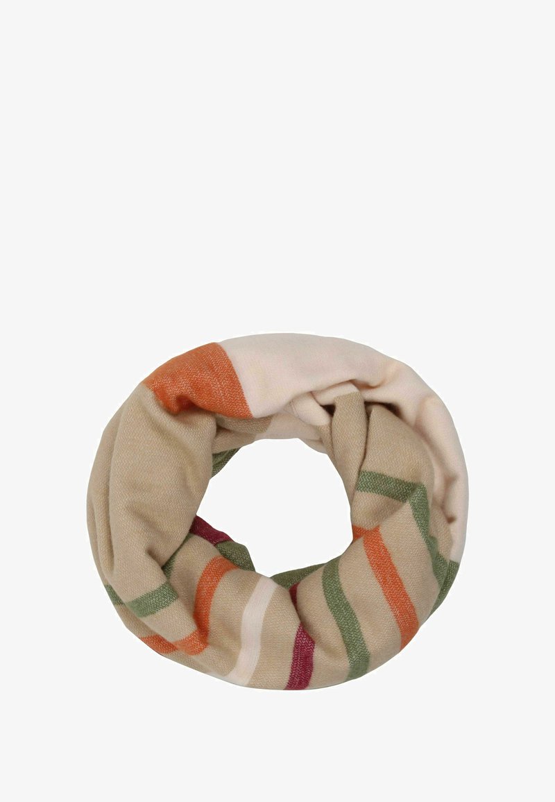Looped scarf in soft, beige fabric featuring colorful stripes in orange, green, and pink. Smooth texture and lightweight design.