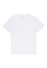 Camiseta blanca de manga corta fabricada en algodón suave. Presenta un escote redondo y una textura lisa, sin gráficos ni patrones.