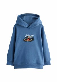 Hoodie bleu en tissu doux, avec un graphisme à l'avant d'une voiture de course et le texte "Racing". Dispose d'une capuche classique et de poignets côtelés.