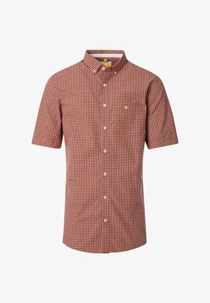 Kurzärmliges kariertes Hemd in Rot und Weiß, mit Button-Down-Kragen, Brusttasche und glattem Stoff mit quadratischen Mustern und weißen Knöpfen.